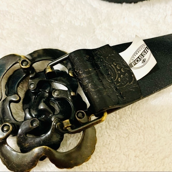 FOSSIL Tooled Belt Floral Rhinestone Jeweled Sz M - Picture 4 of 6